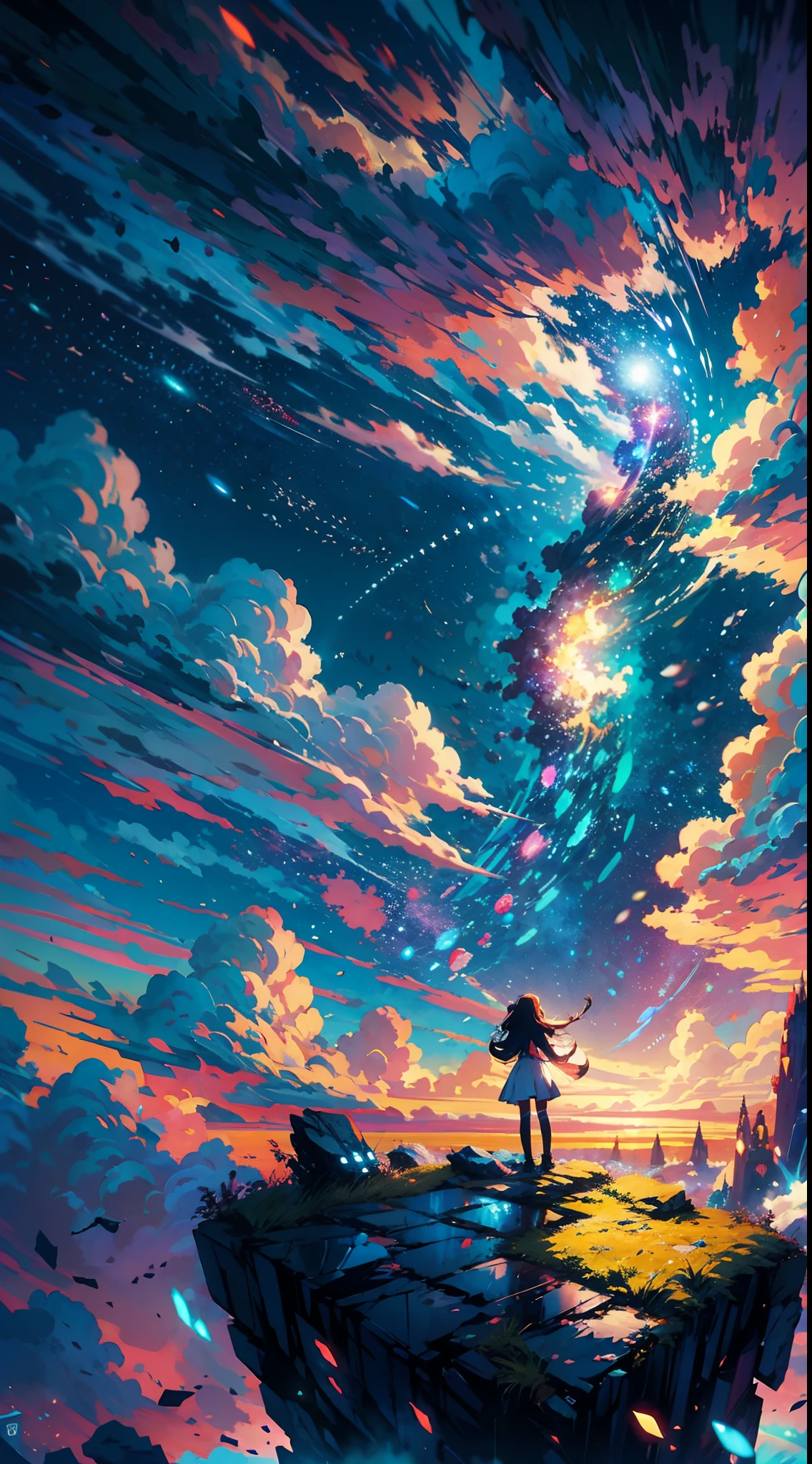 Anime girl standing on a rock looking at a sky full of stars, Makoto Shinkai Cirilo Rolando, Anime Art Wallpaper 4K, Anime Art Wallpaper 4K, Anime Art Wallpaper 8K, cosmic skies. por makoto shinkai, inspirado em Cyril Rolando, No estilo Dan Mumford obra de arte, paper awesome wallpaper, por Yuumei