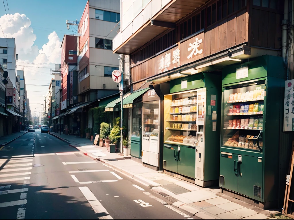Compact downtown streets in Japan. vending machines, trash cans, Plant pots, offtake, ventania, fish tank, pipelines, electrical wires, A sign of a large Japanese store, 复古Japan Shop Width. (No one :1), Can't see people.Skysky,Cumulus pale