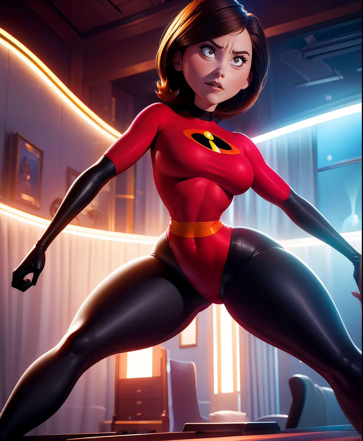 Helen Parr demonstrating her vibrant power with her elegant and ultra-realistic appearance. Her skintight supersuit perfectly highlights her hourglass figure, accentuating her beautiful body. The attention to detail is impeccable, capturing every curve and contour. The high quality of this artwork immerses viewers in an ultra-detailed experience, enabling them to appreciate the realistic portrayal of Helen Parr. This artwork exudes a sense of vibrancy, with vivid colors that bring the scene to life. The lighting is carefully crafted, enhancing the depth and dimension of the composition. The artist masterfully captures Helen Parr's mesmerizing movement as she twerks, showcasing her incredible flexibility and athleticism. NSFW content is sensually portrayed, emphasizing Helen Parr's stunning attributes. The overall aesthetic seamlessly blends portraiture and contemporary art, resulting in a visually captivating masterpiece.