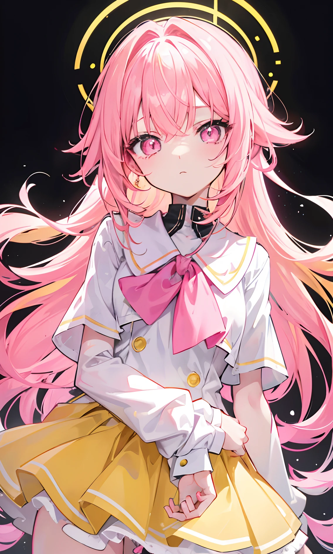 Glowing light pink yellow with hair and pupils,They are also fluorescent,A school uniform in a glowing pink, yellow and white color,Very tender and shiny face,It also fluoresces,The whole is shining,It's a sweet li girl