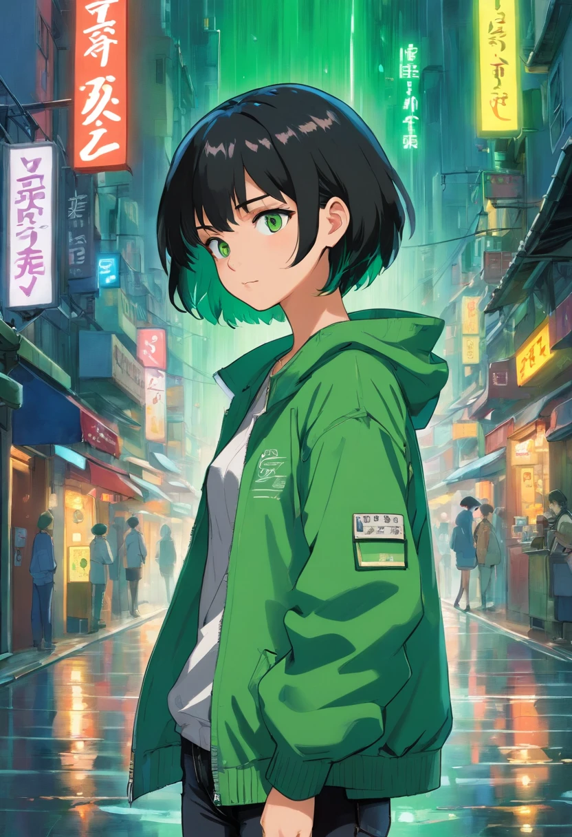 1girl em, (masutepiece), cabelos pretos, short hair, olhos verdes, Casaco Verde, black jeans, sorrir, CIDADE CYBERPUNK, chuva