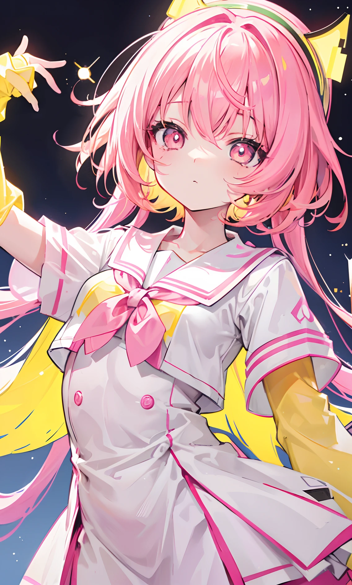 Glowing light pink yellow with hair and pupils,They are also fluorescent,A school uniform in a glowing pink, yellow and white color,Very tender and shiny face,It also fluoresces,The whole is shining,It's a sweet loli girl