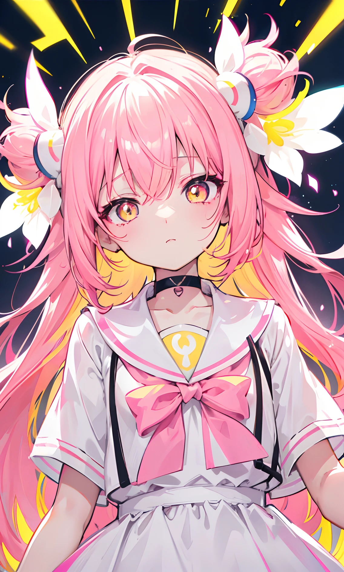 Glowing light pink yellow with hair and pupils，They are also fluorescent，A school uniform in a glowing pink, yellow and white color，Very tender and shiny face，It also fluoresces，The whole is shining，It's a sweet loli girl