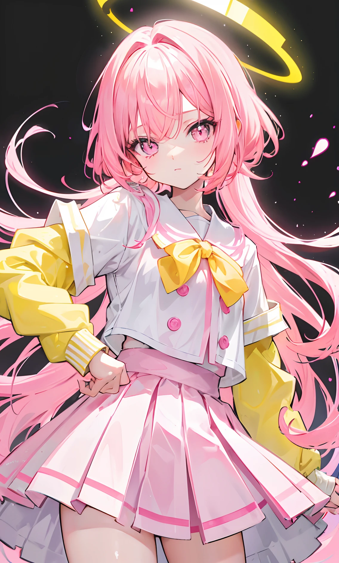 Glowing light pink yellow with hair and pupils,They are also fluorescent,A school uniform in a glowing pink, yellow and white color,Very tender and shiny face,It also fluoresces,The whole is shining,It's a sweet li girl