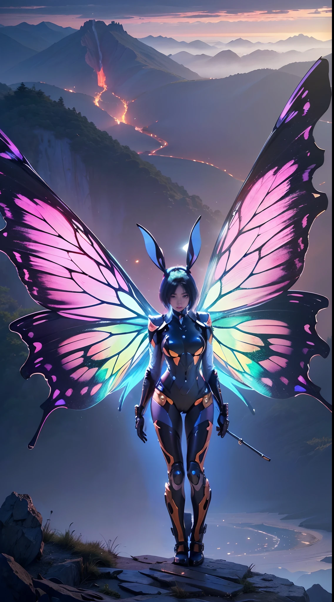 wide wide shot,(Best quality,4K,8K,A high resolution,Masterpiece:1.2),Ultra-detailed,(Realistic,Photorealistic,photo-realistic:1.37),Mechanical Woman,Huge butterfly wings,Shiny metal skin,Rabbit ears。nigth,(frontage),standing on top of a mountain。Vibrant colors。Science fiction art style.