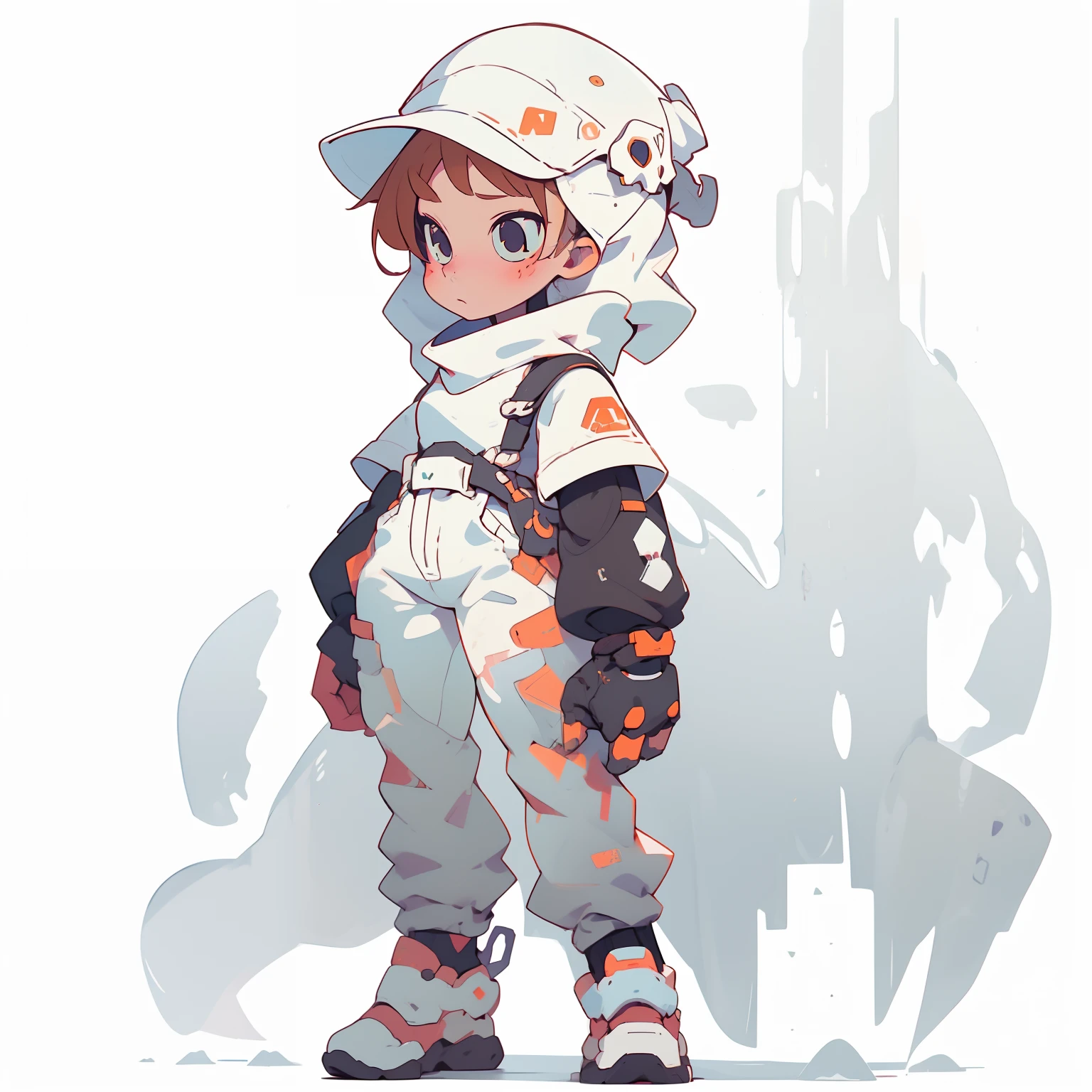 masutepiece, Best Quality, 4K, 超A high resolution, ultra-detailliert, High resolution, Ultra HD, sophisticated details, Backlight, ((Full body shot)), ((No background)), ((White background)), female, cute, chibi, girl, Skull face, Orange beanie, Khaki overalls, Telekinetic Woman