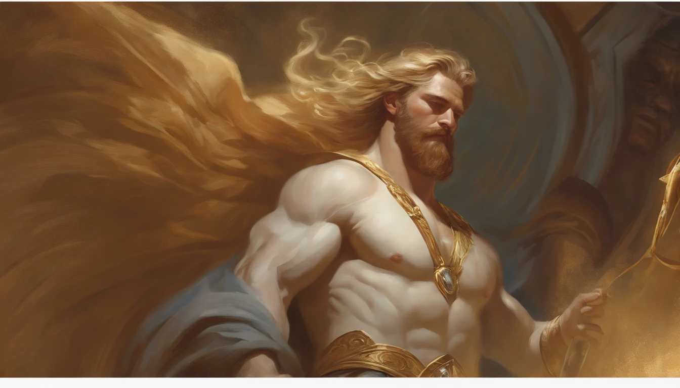 Portrait of an elegant stout mighty God unleashing all his powers, digital painting in the style of Robert Liberace, dynamic action poses of stout zeus, god of thunder, greek god, blond hair, male, mature, handsome, upper body, muscular, hairy torso, fantasy, intricate, elegant, highly detailed, digital painting, art station, concept art, soft, sharp focus, illustration, art by Robert Liberace, Gaston Bussiere and Alphonse Mucha, klimt, art deco