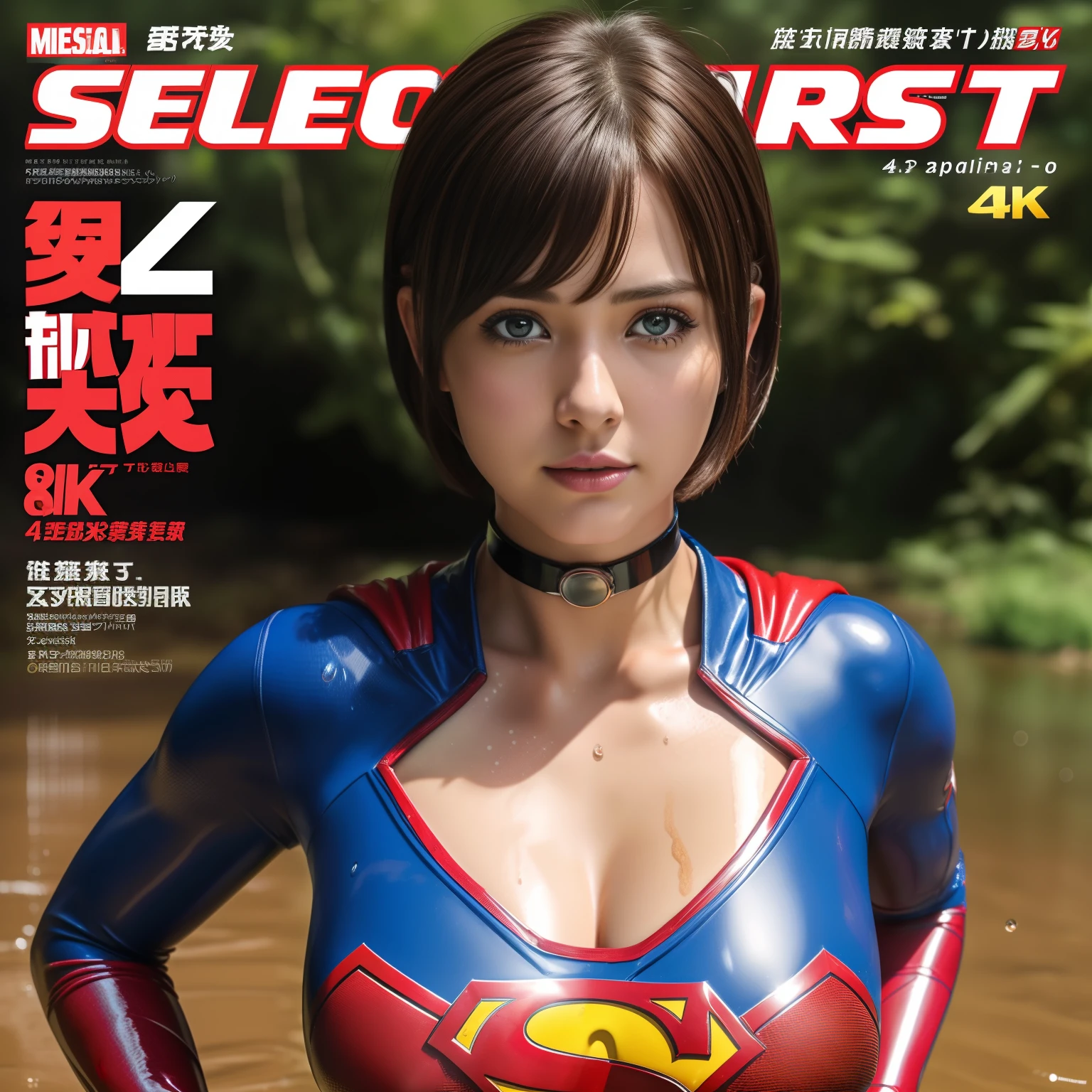 (Best Quality,4K,8K,hight resolution,masutepiece:1.2),Ultra-detailed,Realistic:1.37,Super masterpiece,Short-haired Supergirl drowning in a quagmire、large full breasts、Looking at the camera、Glossy costume、a choker、Covered in mud、Weekly magazine cover、Splattering droplets