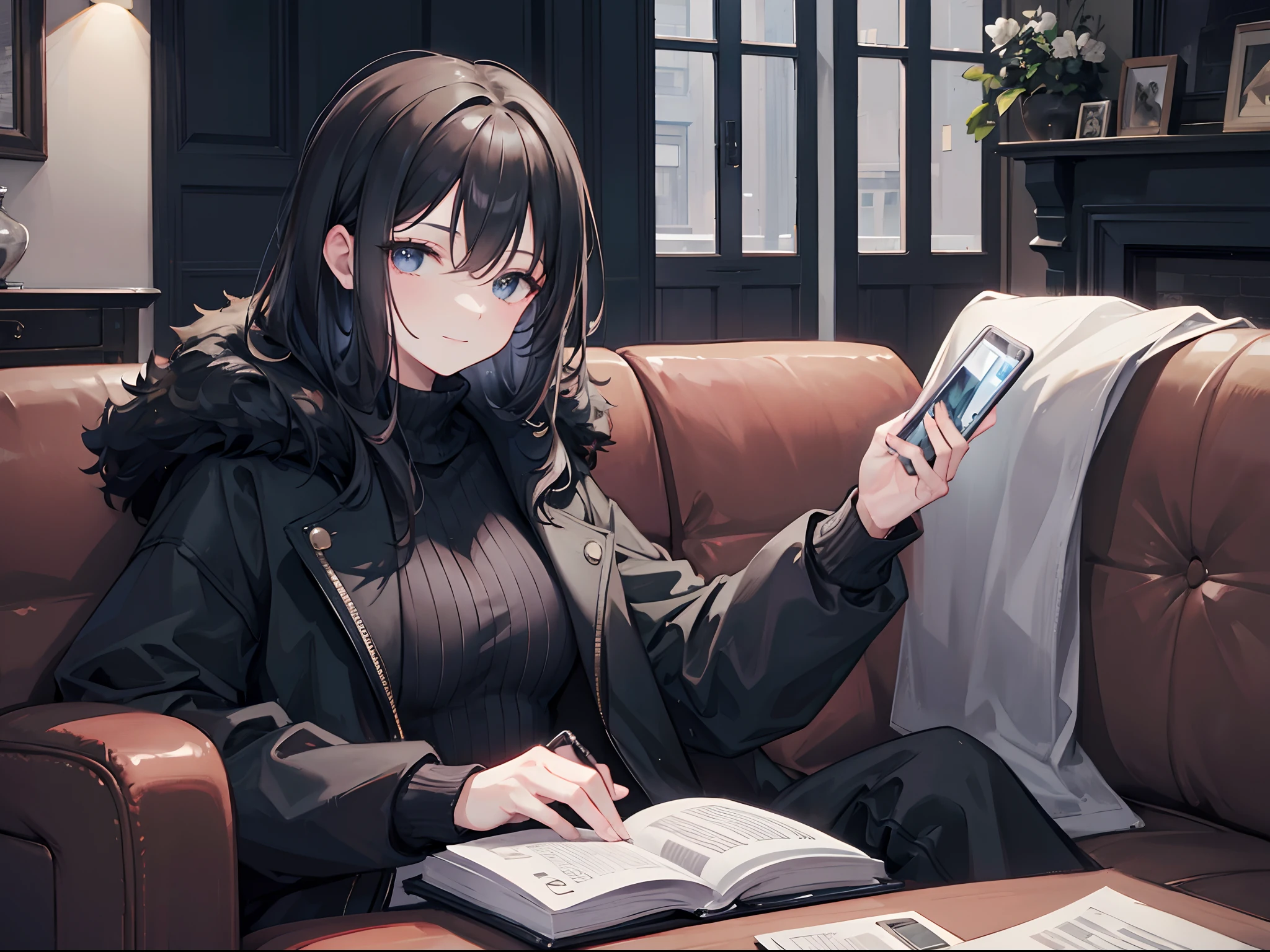 A middle-aged woman wearing a black coat：1.4，sitting in the couch：1.5，The phone holds the banknote：1.6，A happy look on his face：1.6