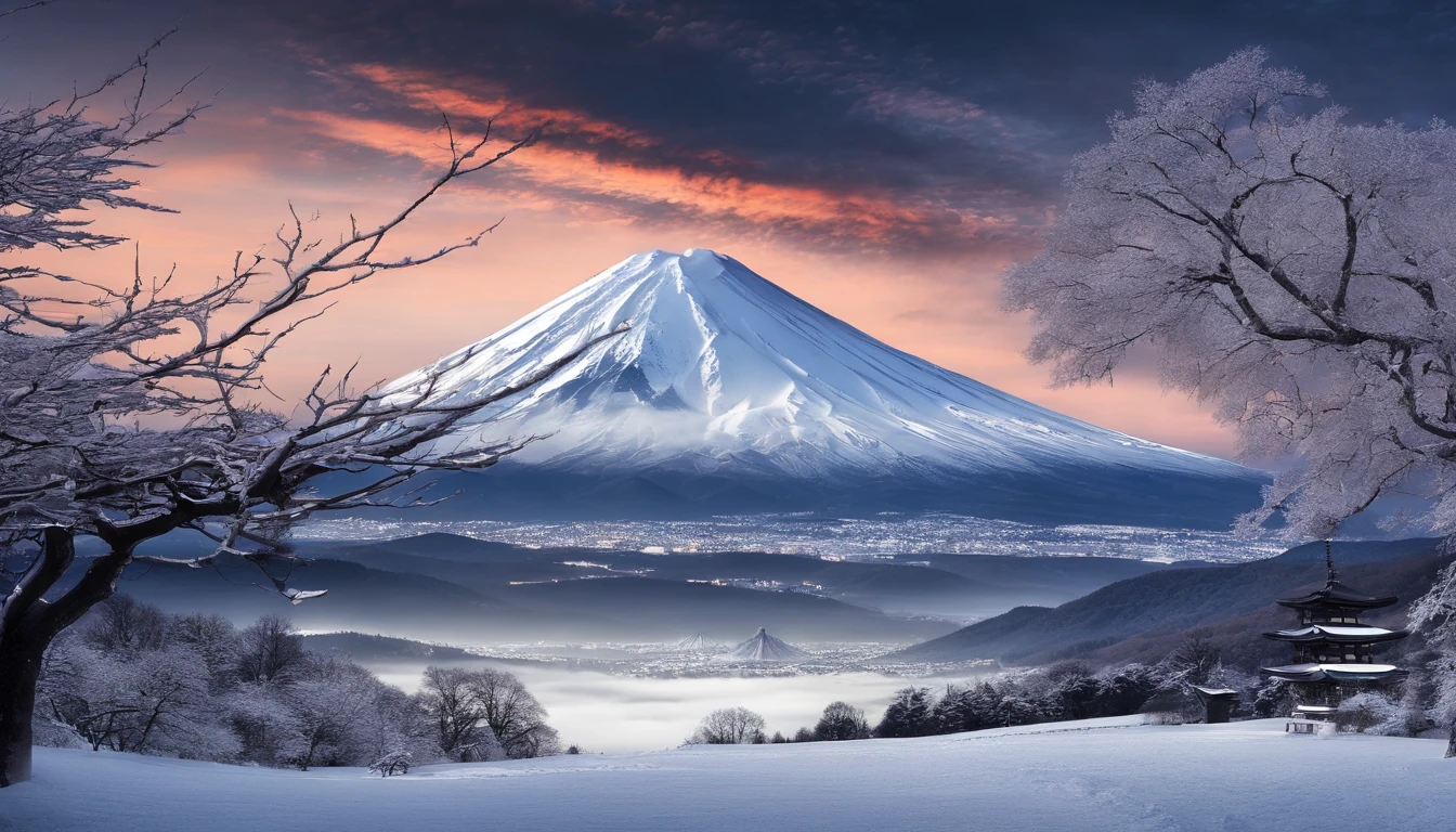 Mt fuji、morning glow、grand、Dynamic landscapes、midwinter、a picture、realisitic