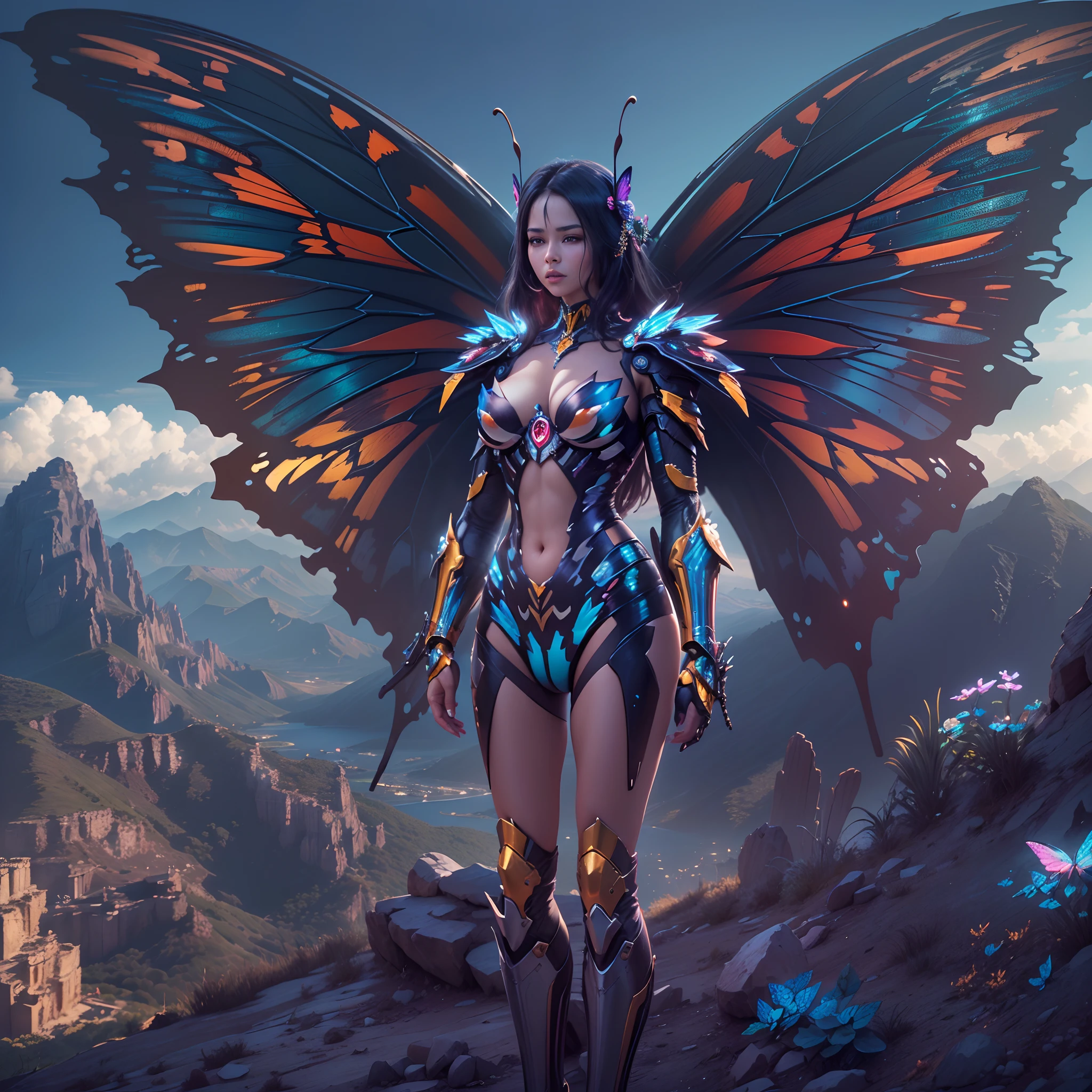 wide wide shot，(Best quality,4K,8K,A high resolution,Masterpiece:1.2),Ultra-detailed,(Realistic,Photorealistic,photo-realistic:1.37),Mechanical Woman，Huge butterfly wings,Shiny metal skin,Rabbit ears。nigth,(frontage)，standing on top of a mountain。Vibrant colors。Science fiction art style.