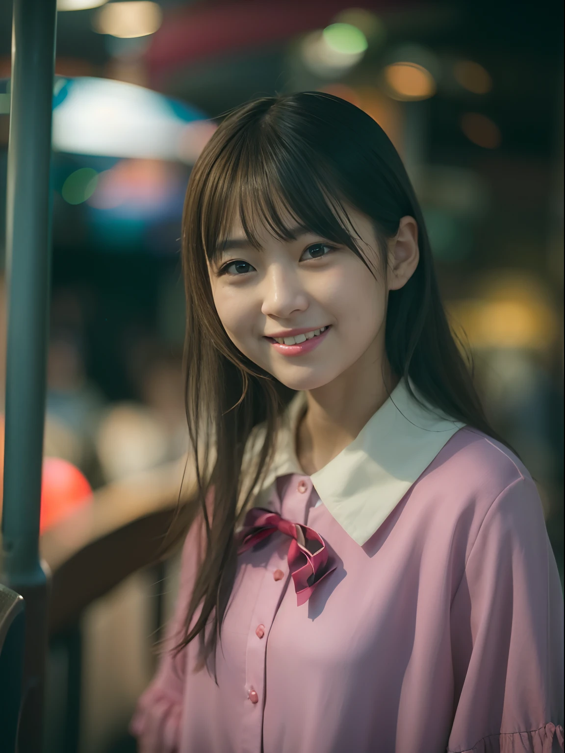 Woman Standing On The Side Of The Street、Young Asian Woman、a photography of a beautiful woman、Japan Person Model、beautiful young woman with、60mm portrait、Color photo portrait 4k、Soft portrait shots 8k、 girl、Happy smile、(8K、Raw photography、top-quality、​masterpiece:1.2)、(realisitic、Photorealsitic:1.37)、ultra-detailliert、
1 girl in、cute little、独奏、Beautiful detailed sky、Detailed Cafe、natta、Standing、date、(blush of the nose)、(A smile:1.1)、(Mouth closed)、tiny chest、seducting smile、Night amusement park、merry-go-round、profetional lighting、Sony A7R4、Zessie 50mm f1.8、
medium breasts⁩、Beautiful Detail Eye、(shirt with collar:1.1)、a bow tie、pleatedskirt、(short-hair:1.2)、Floating hair、Happy smile、Happy smile、17 year old