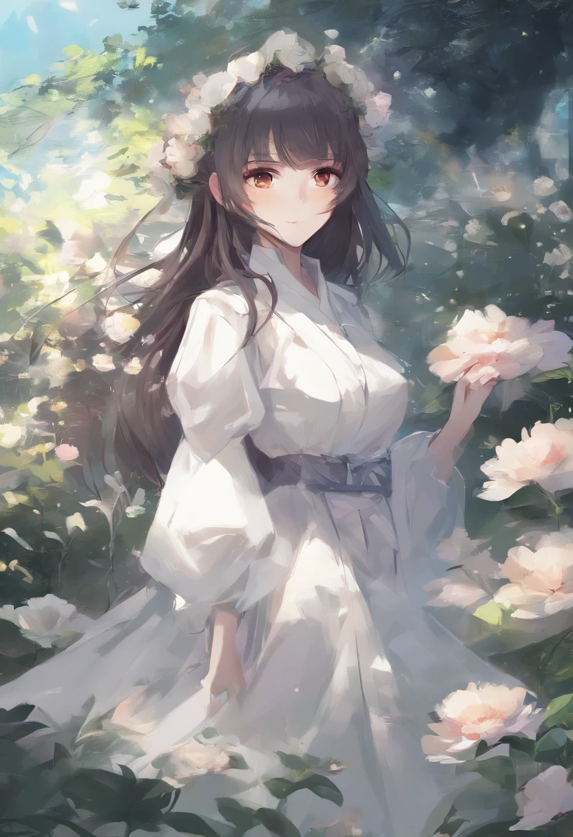 anime girl in a white dress holding a flower in a garden, beautiful anime artwork, beautiful anime art, guweiz on pixiv artstation, guweiz on artstation pixiv, beautiful anime, by Yang J, a beautiful artwork illustration, beautiful anime portrait, artwork in the style of guweiz, anime fantasy artwork, anime art wallpaper 4 k