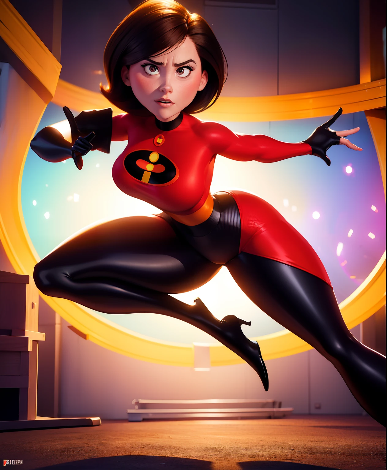 Helen Parr demonstrating her vibrant power with her elegant and ultra-realistic appearance. Her skintight supersuit perfectly highlights her hourglass figure, accentuating her beautiful body. The attention to detail is impeccable, capturing every curve and contour. The high quality of this artwork immerses viewers in an ultra-detailed experience, enabling them to appreciate the realistic portrayal of Helen Parr. This artwork exudes a sense of vibrancy, with vivid colors that bring the scene to life. The lighting is carefully crafted, enhancing the depth and dimension of the composition. The artist masterfully captures Helen Parr's mesmerizing movement as she twerks, showcasing her incredible flexibility and athleticism. NSFW content is sensually portrayed, emphasizing Helen Parr's stunning attributes. The overall aesthetic seamlessly blends portraiture and contemporary art, resulting in a visually captivating masterpiece.