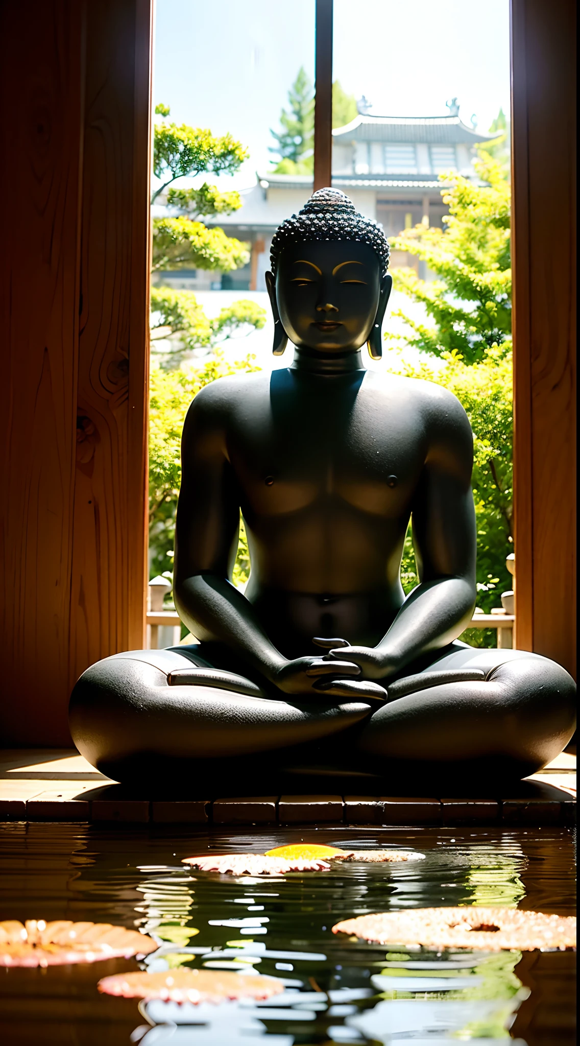 There is a Buddha statue in the pond, a Buddhist Buddha, Zen temple background, Buddhism, Buddhist, On the road to enlightenment, Zen meditation, Buddha, On the road to enlightenment, zen atmosphere, Serene expression, zen natural background, Beautiful image, powerful zen composition, 4K tranquility, zen méditation cyberpunk, a serene smile, Meditation, zen feeling