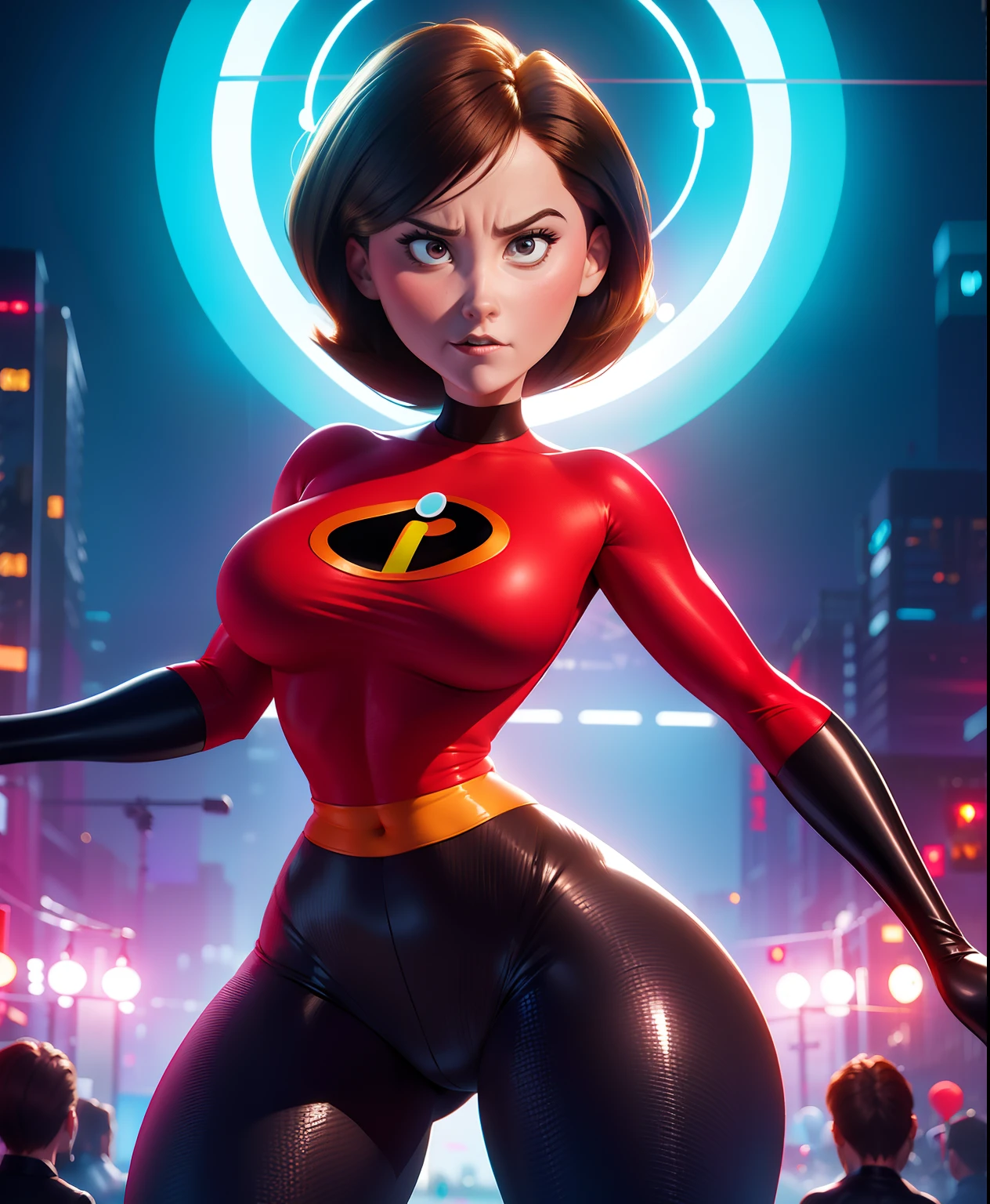 Helen Parr demonstrating her vibrant power with her elegant and ultra-realistic appearance. Her skintight supersuit perfectly highlights her hourglass figure, accentuating her beautiful body. The attention to detail is impeccable, capturing every curve and contour. The high quality of this artwork immerses viewers in an ultra-detailed experience, enabling them to appreciate the realistic portrayal of Helen Parr. This artwork exudes a sense of vibrancy, with vivid colors that bring the scene to life. The lighting is carefully crafted, enhancing the depth and dimension of the composition. The artist masterfully captures Helen Parr's mesmerizing movement as she twerks, showcasing her incredible flexibility and athleticism. NSFW content is sensually portrayed, emphasizing Helen Parr's stunning attributes. The overall aesthetic seamlessly blends portraiture and contemporary art, resulting in a visually captivating masterpiece.