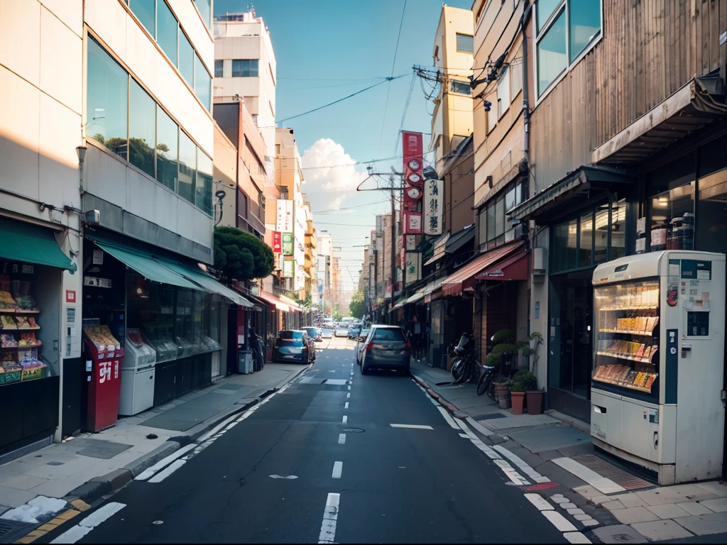 Compact downtown streets in Japan. vending machines, trash cans, Plant pots, offtake, ventania, fish tank, pipelines, electrical wires, A sign of a large Japanese store, 复古Japan Shop Width. (No one :1), Can't see people.Skysky,Cumulus pale