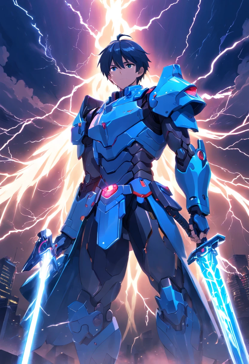 Blue Ghost Hunter, (Giant: 1.6), Super Cool Ghost Killer, Wearing blue mechanical armor, Surrounded by lightning, holding samurai sword, super detailed, Realistic, shiny, Reflective, Galaxy Control Mask, mechs, SH4G0D, GlowingRunes_Red, Full body, movie, Dark background, Backlight, High contrast, cosmic space,