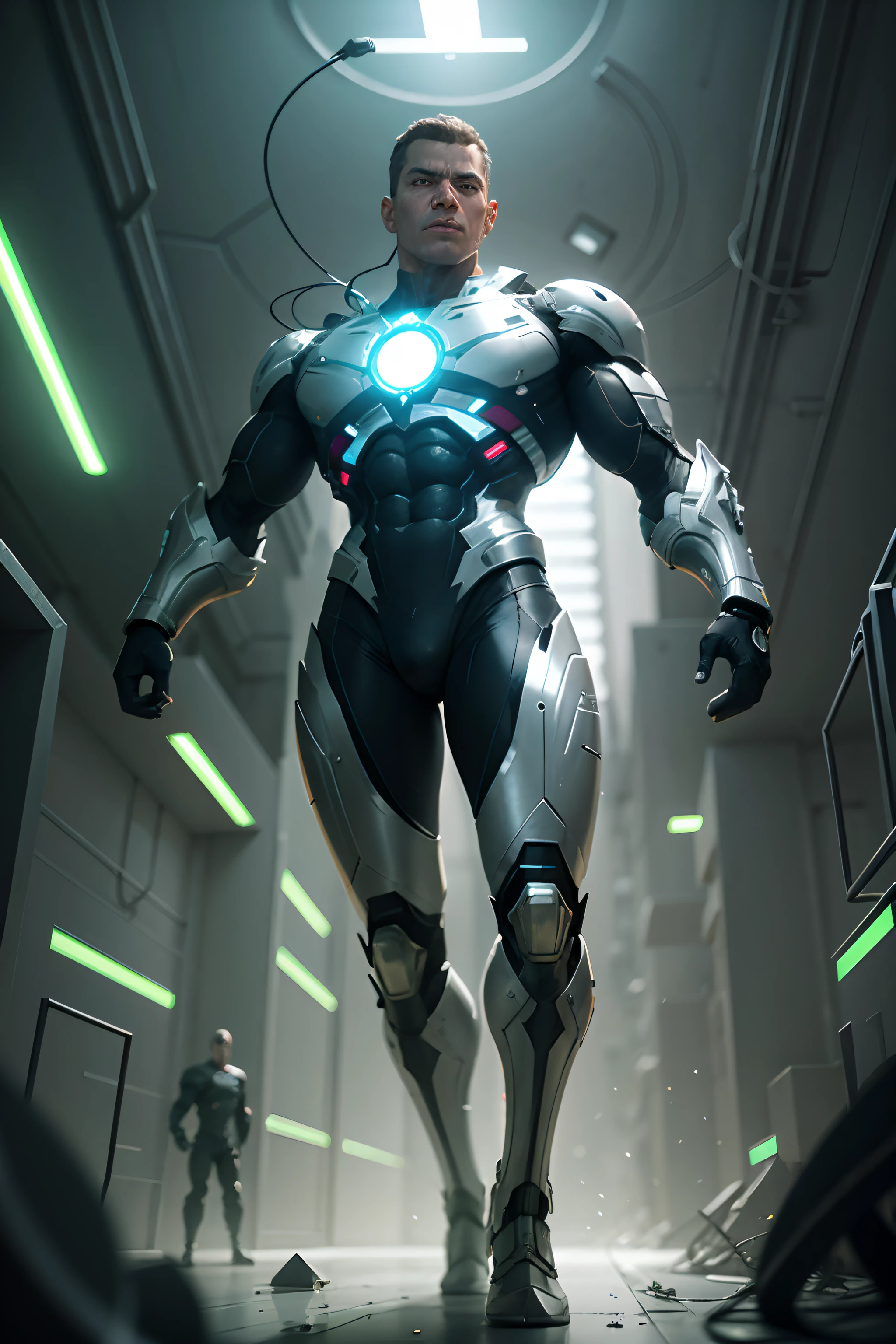 [Cyborg of the Justice League], [digital illustation], [Cybernetic style], [Roberto CyberArt], [ArtStation], [High definition to highlight the technology], [Metallic and bright colors], [futuristic lighting], [Fisheye lens to create a cybernetic look]