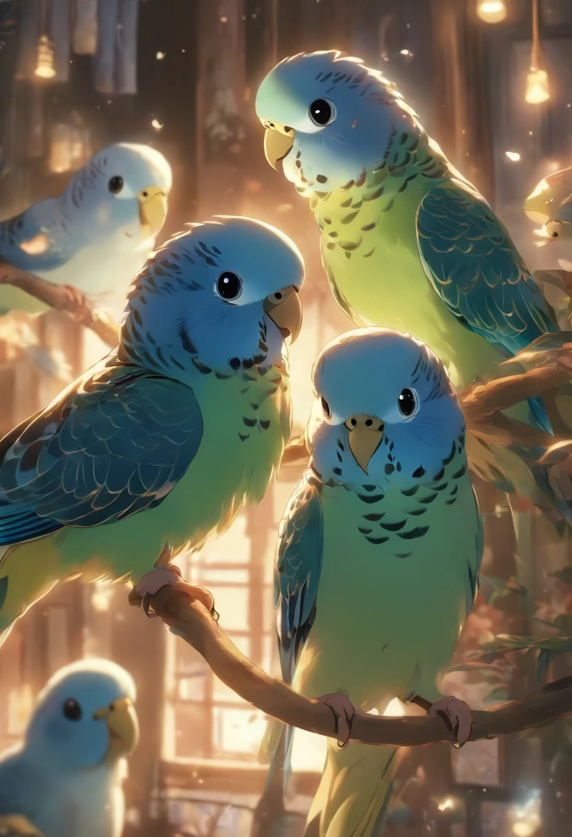 Best Quality,4K,8K,hight resolution,masutepiece:1.2),Ultra-detailed, in a house、Sleeping in bed、Where the morning sun shines in and wakes up、Gentle soft smile staring at budgies,Button pajamas fluttering only slightly、Budgerigars sing and wake up、With beautiful songs、Beautiful,Beautiful detailed eyes,Blue budgie,Soft blue eyes,Portraits,Subtle tones,Soft lighting