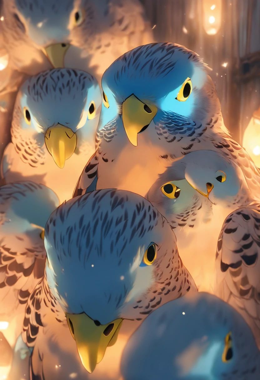 Best Quality,4K,8K,hight resolution,masutepiece:1.2),Ultra-detailed, in a house、Sleeping in bed、Where the morning sun shines in and wakes up、Gentle soft smile staring at budgies,Button pajamas fluttering only slightly、Budgerigars sing and wake up、With beautiful songs、Beautiful,Beautiful detailed eyes,Blue budgie,Soft blue eyes,Portraits,Subtle tones,Soft lighting