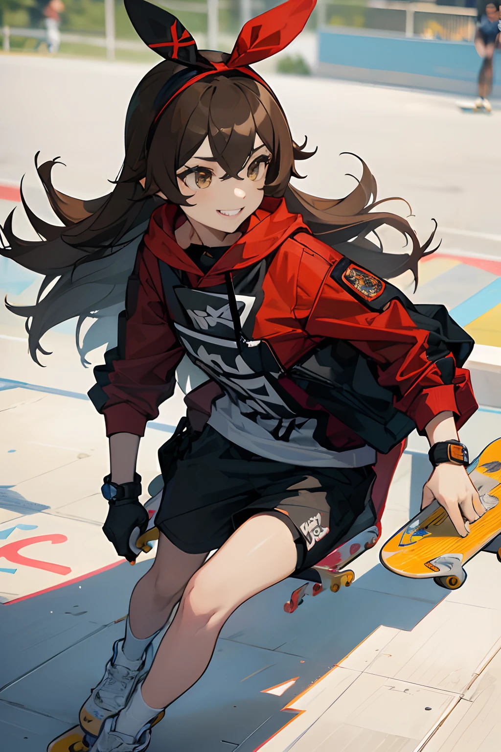 SFW, masterpiece, standing (woman 1), (((skateboarder pose))), (skate clothes), amber eyes, dark brown hair, long hair, ribon, ((((1 skateboard)))), ((close up)), (grafiti), ((skateboard park)), concrete,(((skateboarding))), (cool smile)