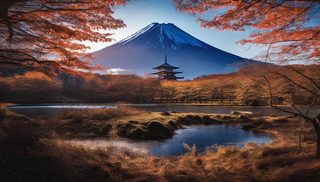 Mt fuji、morning glow、grand、Dynamic landscapes、midwinter、a picture、realisitic