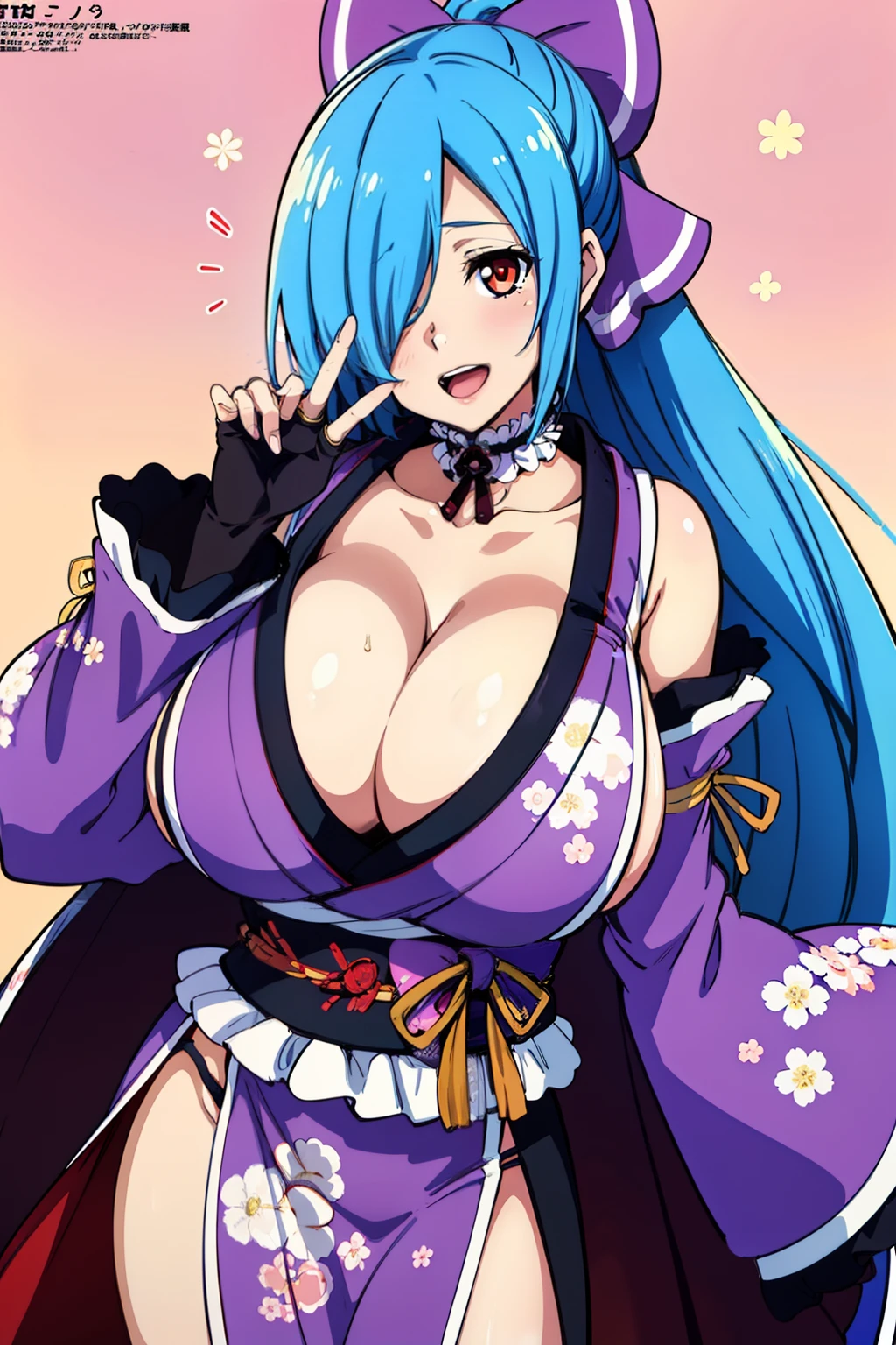 1990s anime cels style, 1990s manga style, best quality, high resolution, 1woman, mature female, milf, sideboob, blush, happy, (huge breasts), cleavage, BREAK yamato iori, hair over one eye, blue hair, red eyes, ponytail, very long hair, har bow, fingerless gloves, japanese clothes, detached sleeves, looking at viewer, black gloves,