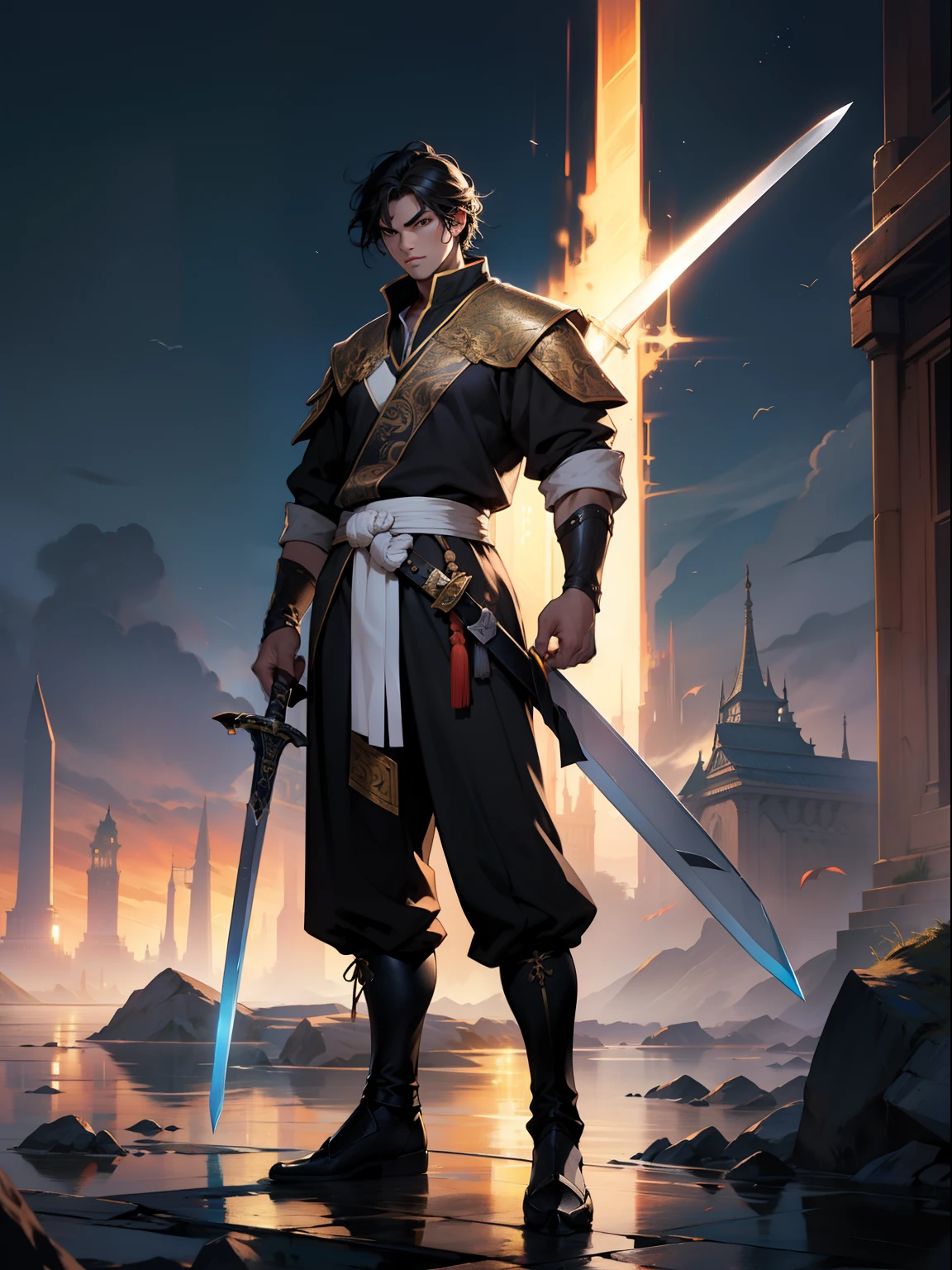 High resolution, Highest Quality, of a guy,Douluo Continent costume,Black hair,Mighty,standing on your feet,nigth,front, cool, sword