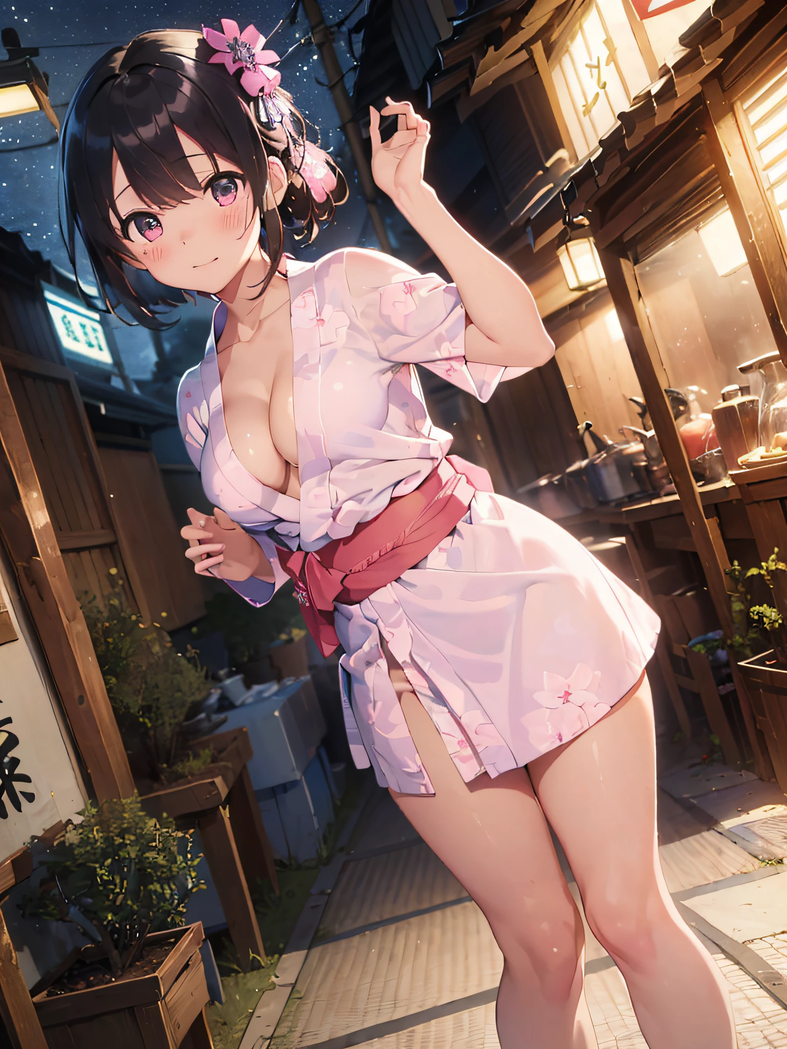 (masterpiece:2.0), (top-quality:2.0), (naked:1.5), (super mini skirt extremely small pink yukata:1.5), (super thin fabric:1.5), (sexypose:1.5), (blushed face:1.3), (barechested:1.3), (realistic:1.5), 1 little girl, precise hands, Embarrassed look, light smile, Look at me and smile, extremely cute girl, innocent face, young face, Clear eyes, Shining eyes, small breast, (cleavage of the breast is visible:1.5), (the thighs is visible:1.5), The crotch is visible, No pubic hair, full body, The beautiful skin, ultra-definition, Top resolution, japan high school student, brown hair, at the night festival
