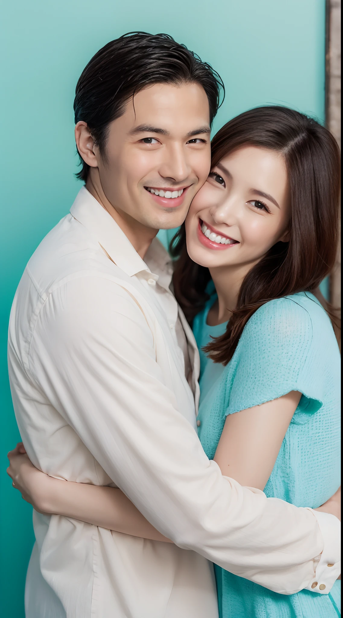 man and woman hugging each other and looking at each other, dress up、high quality、photo realistic、healthy、Smiling expression、perfect figure、beautiful eyes、face perfect、Beautiful skin、pastel blue background