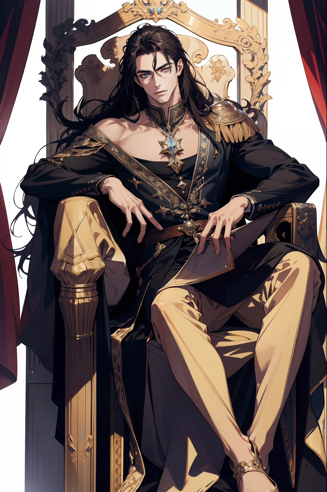 Black rose, Tarot cards, greece, art, Alphonse Mucha, many black roses surrounding the boy, sprawling hair, dark colored hair, flowing chiton dress with long sleeves, a beautiful boy with golden shimmers on his hair, boy with slender frame, effeminate man, legs spread as he laid on the bed looking forward, submissive man, looking toward the front camera.
