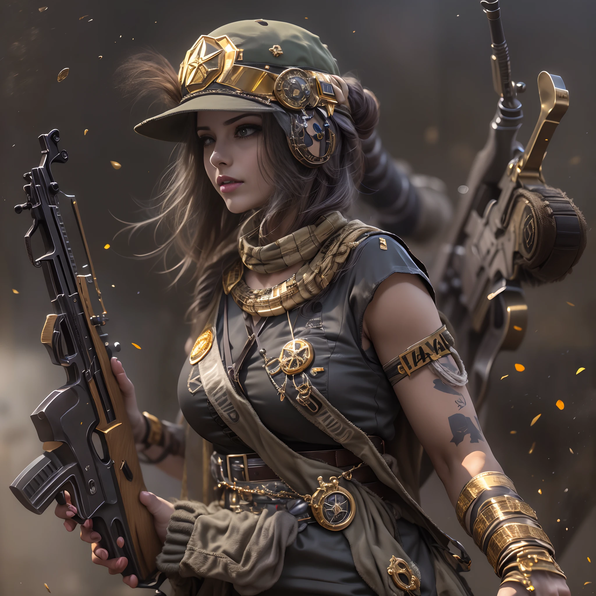 Gere uma imagem da personagem Mara, also known as 'Mara Death Dealer', do jogo Call of Duty: Guerra moderna: corpo inteiro, fisionomia cruel, ((nua)) brincos grande, colar pulseira, rings, gold watch, na praia, sol poente, palmeiras, corpo escultural, flowing hair, ((metralhadoras, pistolas, fuzil AK-47, Granadas, gold accessories)) standing on a ((tanque de guerra Russo T-14 Armata))