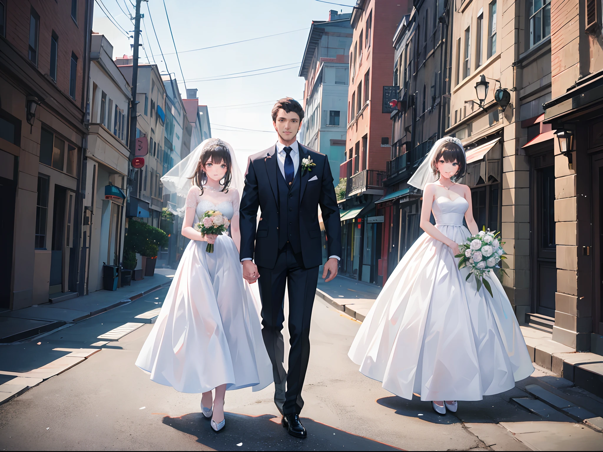 A man and a woman：1.5，Wedding photo shooting：1.7，Man wearing suit and tie：1.6，The girl wears a white wedding dress：1.7，