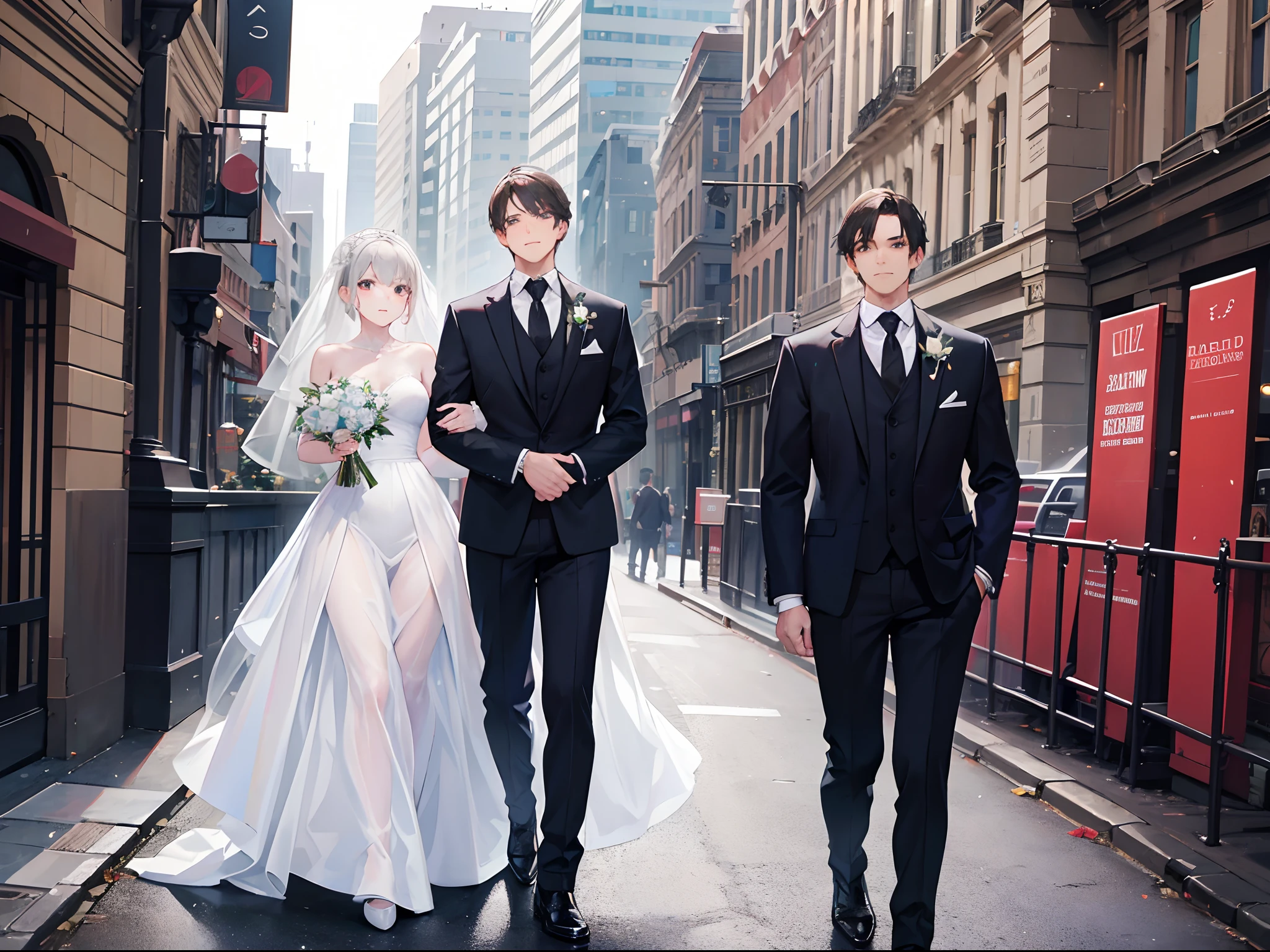 A man and a woman:1.5,Wedding photo shooting:1.7,Man wearing suit and tie:1.6,The girl wears a white wedding dress:1.7,