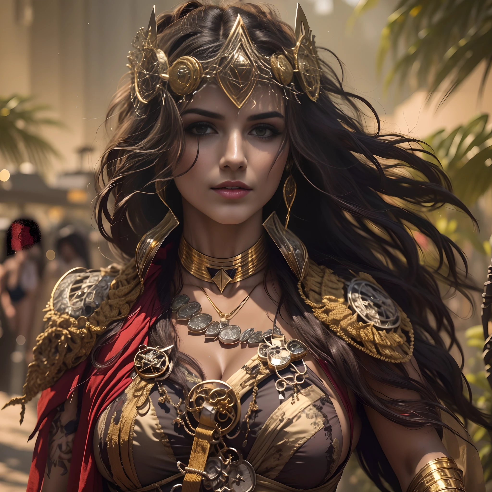 Gere uma imagem da personagem Mara, also known as 'Mara Death Dealer', do jogo Call of Duty: Guerra moderna.  corpo inteiro, fisionomia cruel, micro bikini, cor vermelha e preta, Detalhes em ouro, na praia, sol poente, palmeiras, corpo escultural, flowing hair, ((metralhadoras, Granadas, gold accessories)),