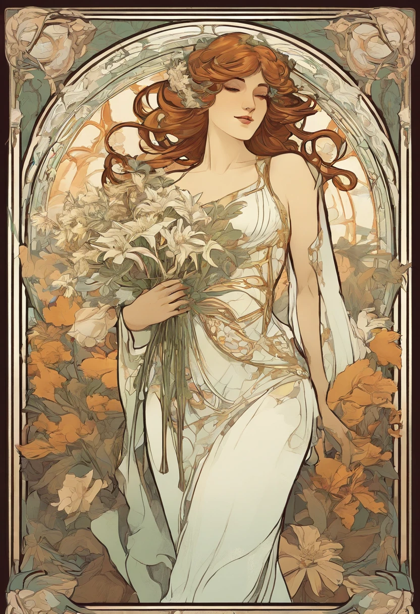 8K.Poster illustration in Alphonse Mucha style, Flat painting, Beautiful Marvel's Ironman holding a bouquet of white lilies,Full body like,slenderbody, Art Nouveau, Plants in the background, masutepiece, Alfonse Mucha, high details