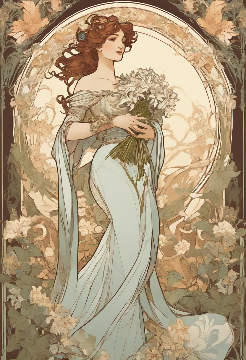 8K.Poster illustration in Alphonse Mucha style, Flat painting, Beautiful Marvel's Ironman holding a bouquet of white lilies,Full body like,slenderbody, Art Nouveau, Plants in the background, masutepiece, Alfonse Mucha, high details