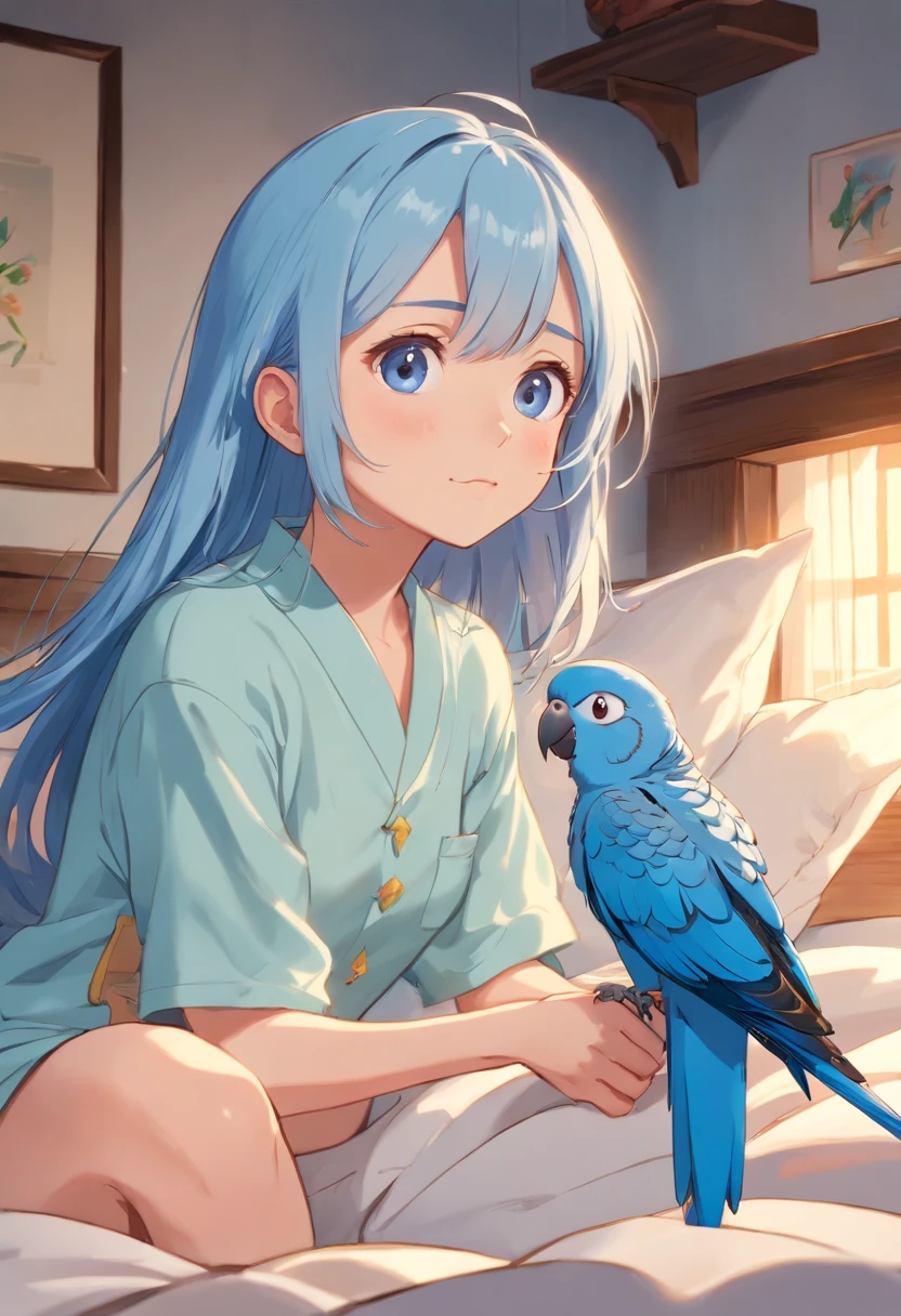 (best quality, 4K, 8K, high resolution, masterpiece:1.2), ultra-detailed, realistic:1.37, cozy bedroom scene, soft morning sunlight streaming in, gentle and warm smile while looking at a pet parakeet, slightly fluttering button-up pajamas, waking up to the soothing song of the parakeet, beautiful detailed eyes, blue parakeet with soft blue eyes, portrait painting, subtle tones, soft lighting.