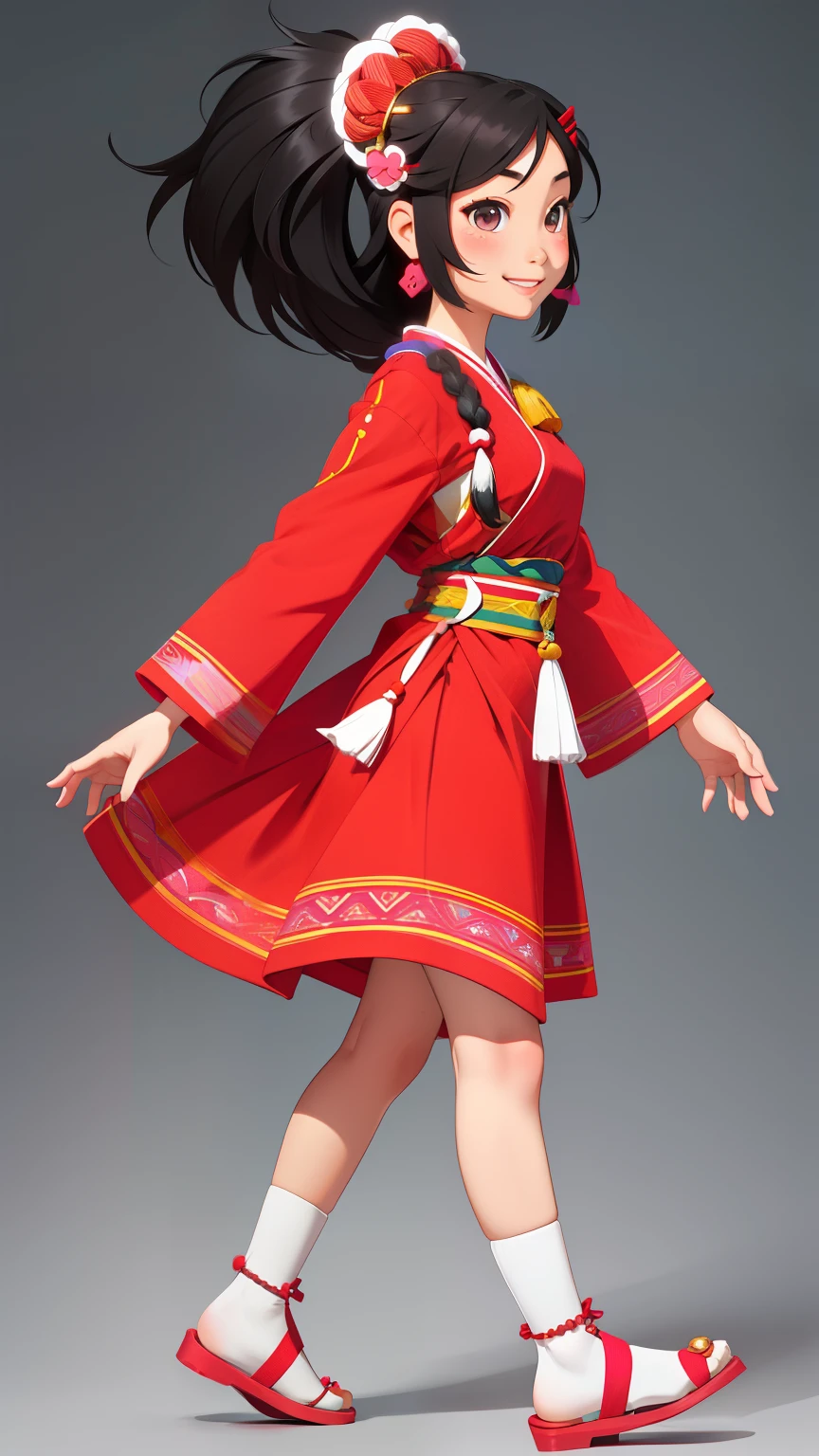 Hmong girls、A smile、full body Esbian、Taken from the side、Distinctive ethnic hair ornaments、Characteristic ethnic shoes