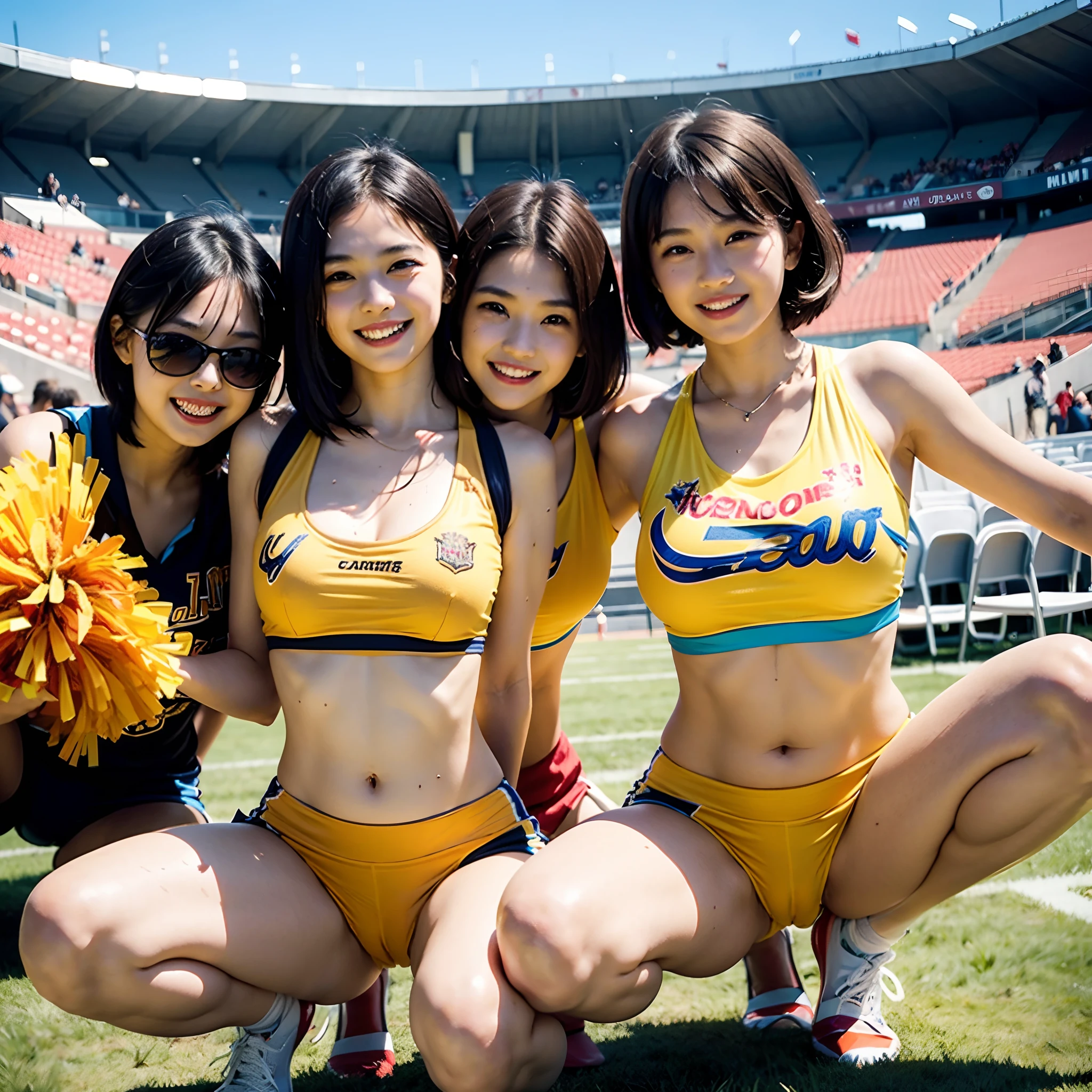 vulgar,Large number of -yeld stnt short hair girl,very young body, disproportionate breasts,group shot,cheerleader,cheering,v-neckline,covered nipples,underboob,(((cameltoe))),sweaty,short hair,seductive grin smug,sex friend ,evening,Real light,squatting,Stadium seating,crowd