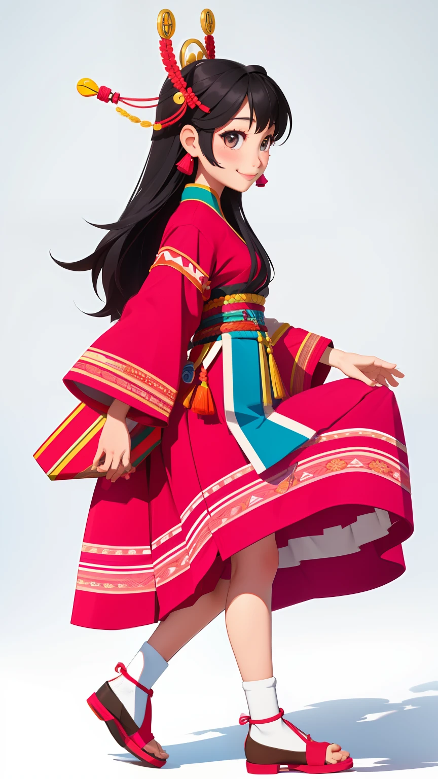 Hmong girls、A smile、full body Esbian、Taken from the side、Distinctive ethnic hair ornaments、Characteristic ethnic shoes