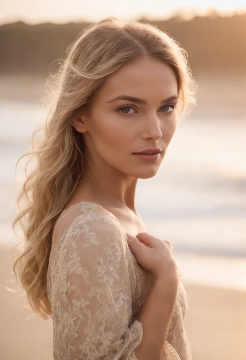 Mujer rubia de pelo ondulado, bronceado por la playa gran pecho, naturalmente desnuda