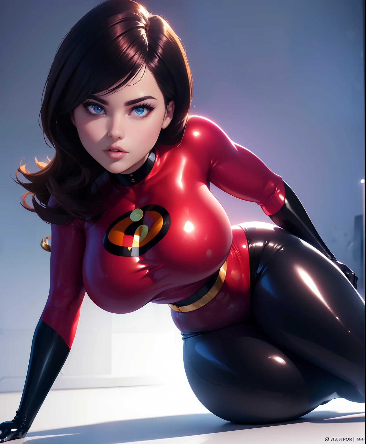 (best quality, ultra-detailed, realistic:1.37), portraits, (Supersuit, cosplay:1.1), (spandex, latex:1.1), (tight fitting:1.1), (shiny, glossy:1.1), exposed legs and thighs, choker accessory, (NSFW:1.1), (curvy, voluptuous:1.1) figure, (seductive, alluring:1.1) pose, (sensual, attractive:1.1) expression, beautiful eyes and lips, captivating gaze, flawless skin, long flowing hair, (radiant, glowing:1.1) complexion