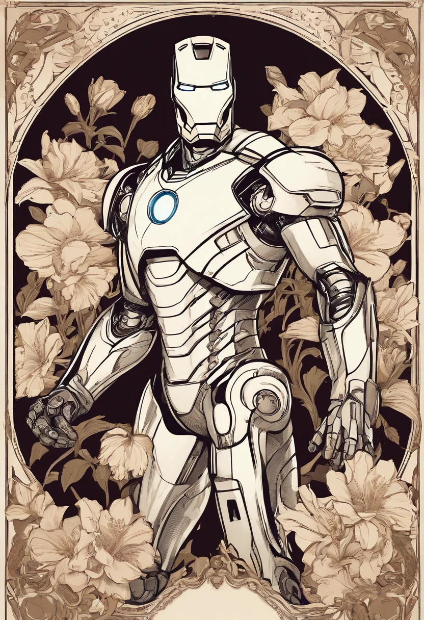 8K.Poster illustration in Alphonse Mucha style, Flat painting, Beautiful Marvel's (((Ironman))) holding a bouquet of white lilies,Full body like,slenderbody, Art Nouveau, Plants in the background, masutepiece, Alfonse Mucha, high details