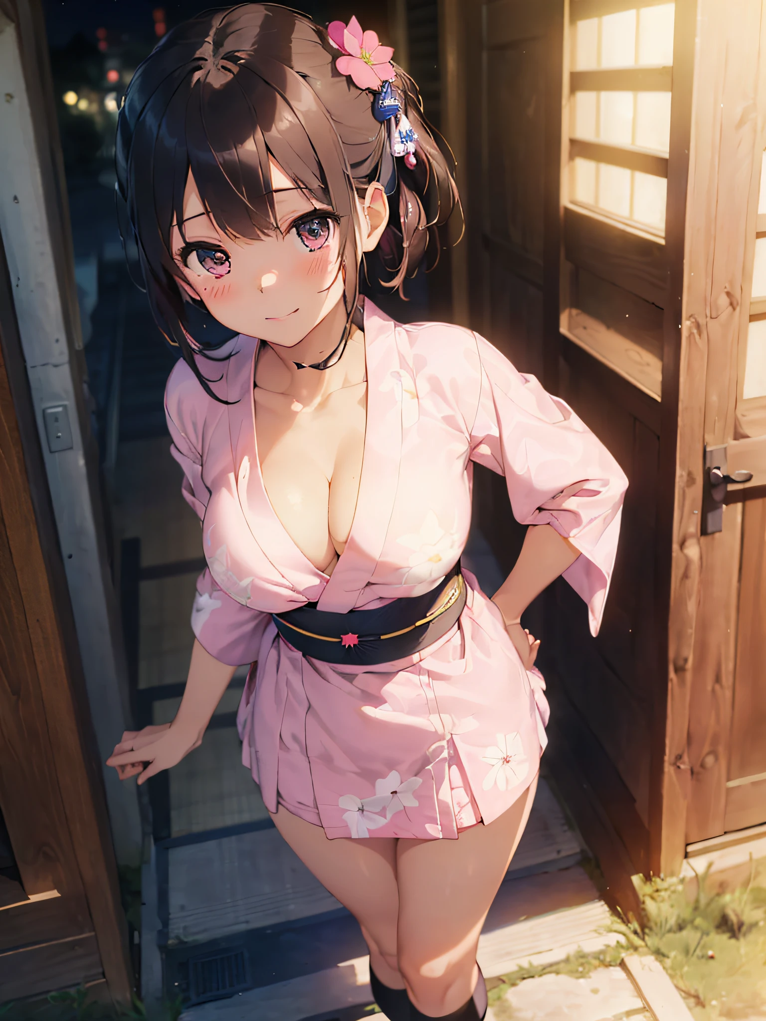 (​masterpiece:2.0), (top-quality:2.0), (naked:1.5), (super mini skirt extremely small pink yukata:1.5), (super thin fabric:1.5), (sexypose:1.5), (blushed face:1.3), (barechested:1.3), (realistic:1.5), 1 little girl, precise hands, Embarrassed look, light smile, Look at me and smile, extremely cute girl, innocent face, young face, Clear eyes, Shining eyes, small breast, (cleavage of the breast is visible:1.5), (the thighs is visible:1.5), The crotch is visible, No pubic hair, full body, The beautiful skin, ultra-definition, Top resolution, japan high school student, brown hair, at the night festival