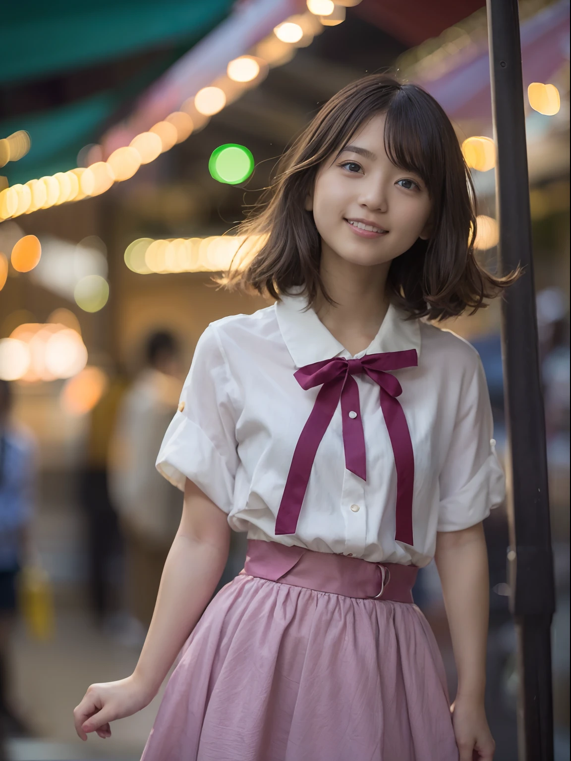 Woman Standing On The Side Of The Street、Young Asian Woman、a photography of a beautiful woman、Japan Person Model、beautiful young woman with、60mm portrait、Color photo portrait 4k、Soft portrait shots 8k、17 year old girl、Happy smile、(8K、Raw photography、top-quality、masterpiece:1.2)、(realisitic、Photorealsitic:1.37)、ultra-detailliert、
1 girl in、cute little、独奏、Beautiful detailed sky、Detailed Cafe、natta、Standing、date、(blush of the nose)、(A smile:1.1)、(Mouth closed)、tiny chest、seducting smile、Night amusement park、merry-go-round、profetional lighting、Sony A7R4、Zessie 50mm f1.8、
medium breasts、Beautiful Detail Eye、(shirt with collar:1.1)、a bow tie、pleatedskirt、(short-hair:1.2)、Floating hair、Happy smile、Happy smile、17 year old girl