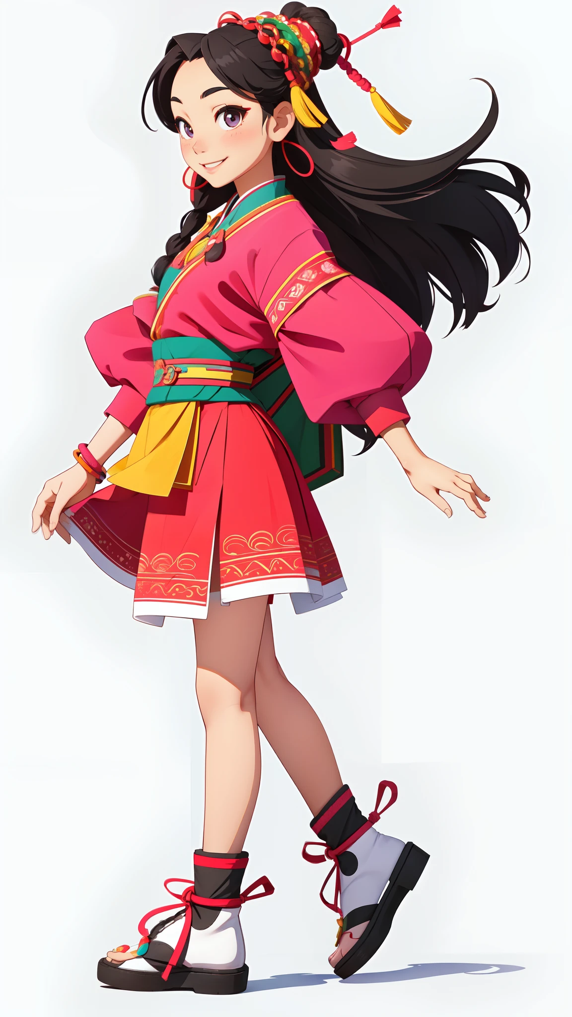 Hmong girls、A smile、full body Esbian、Taken from the side、Distinctive ethnic hair ornaments、Characteristic ethnic shoes