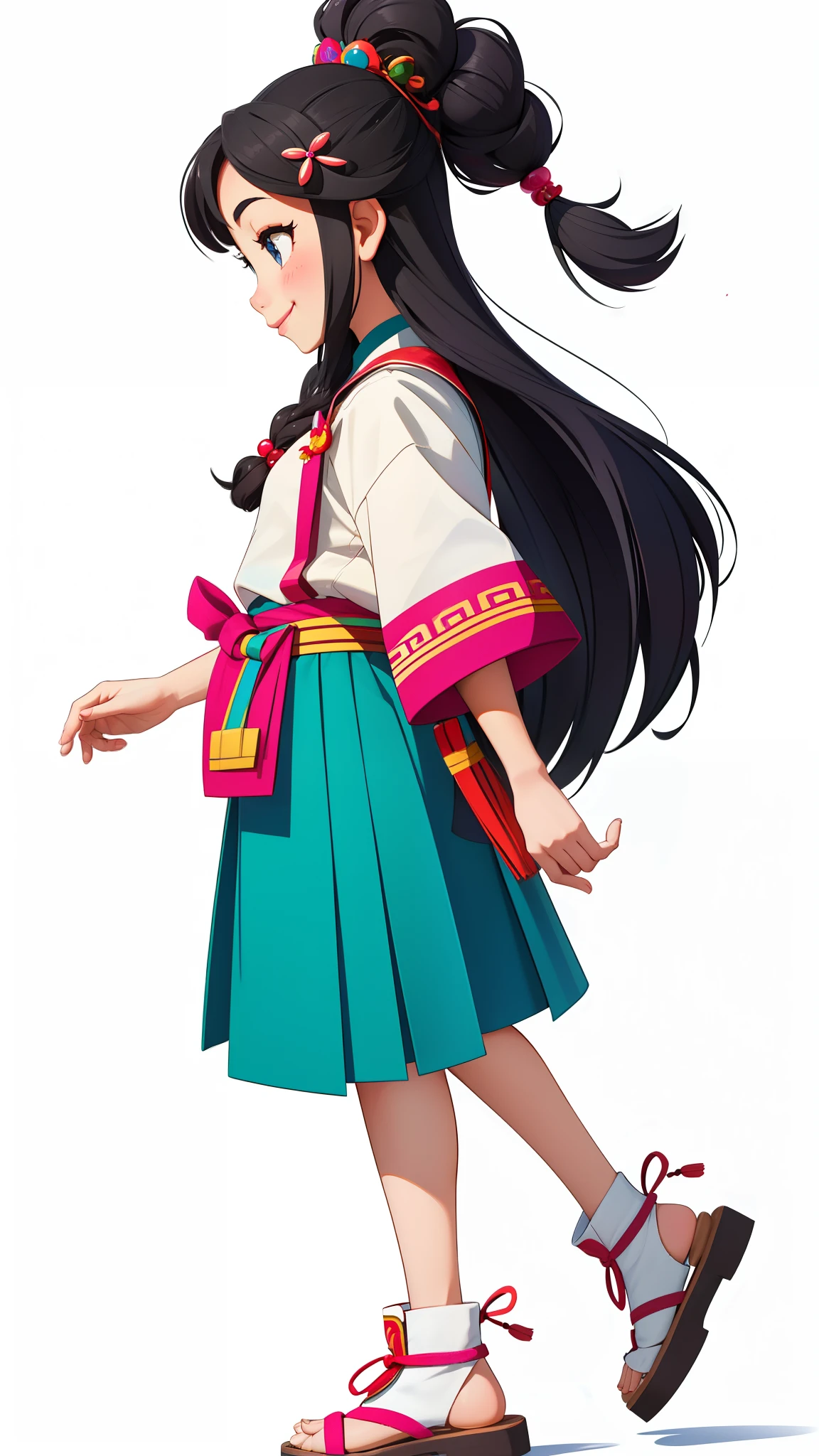 Hmong girls、A smile、full body Esbian、Taken from the side、Distinctive ethnic hair ornaments、Characteristic ethnic shoes