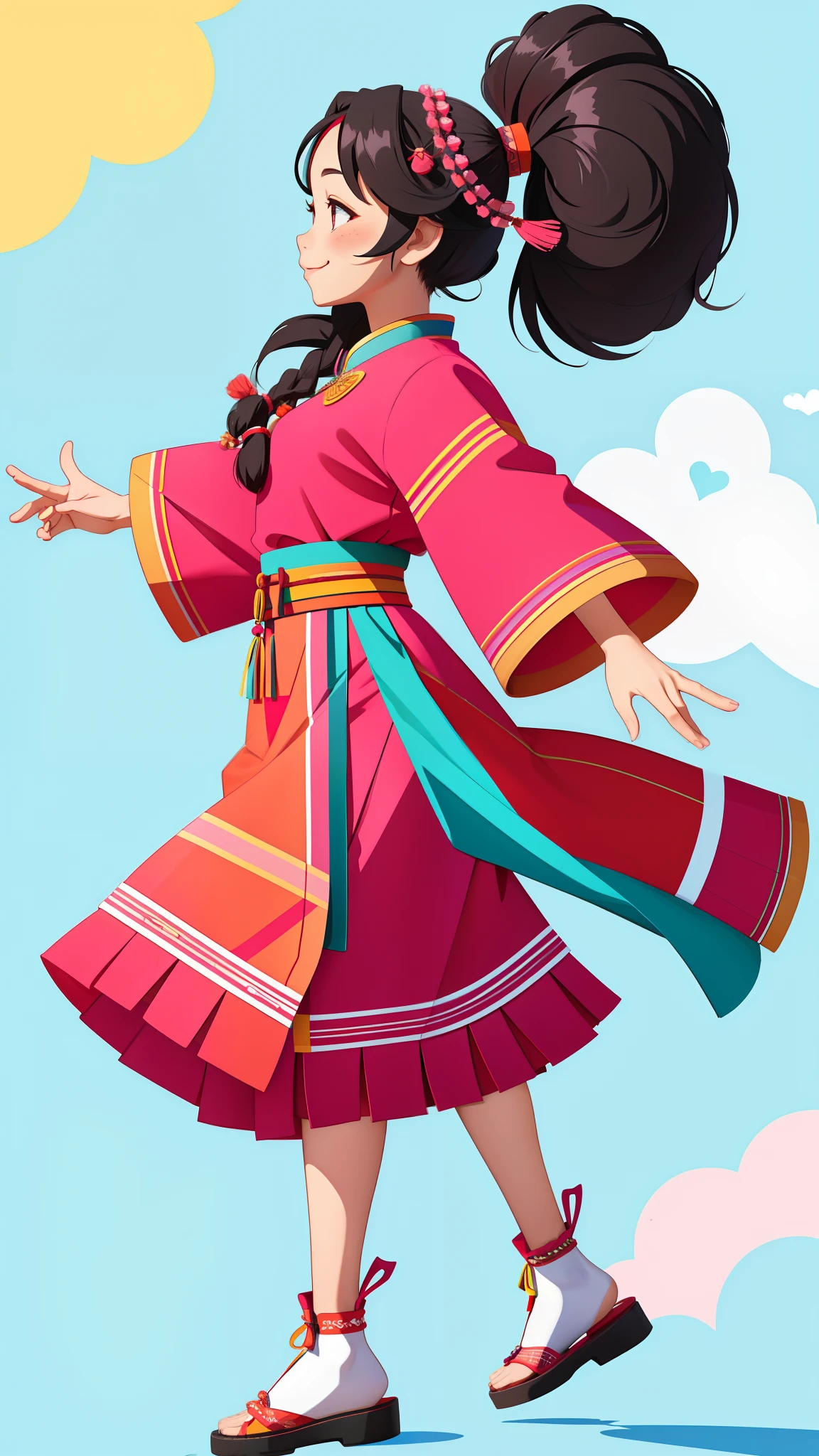 Hmong girls、A smile、full body Esbian、Taken from the side、Distinctive ethnic hair ornaments、Characteristic ethnic shoes